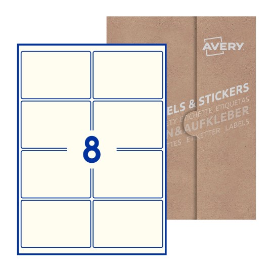 Hoja blanca con 8 etiquetas rectangulares 99x68mm con embalaje de papel - Etiquetas adhesivas rectangulares Avery 99 x 68mm