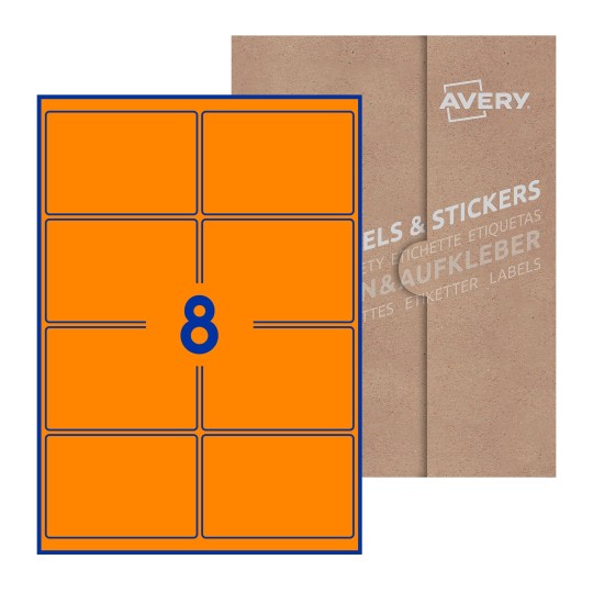 Hoja blanca con 8 etiquetas rectangulares 99x68mm con embalaje de papel - Etiquetas adhesivas rectangulares Avery 99 x 68mm