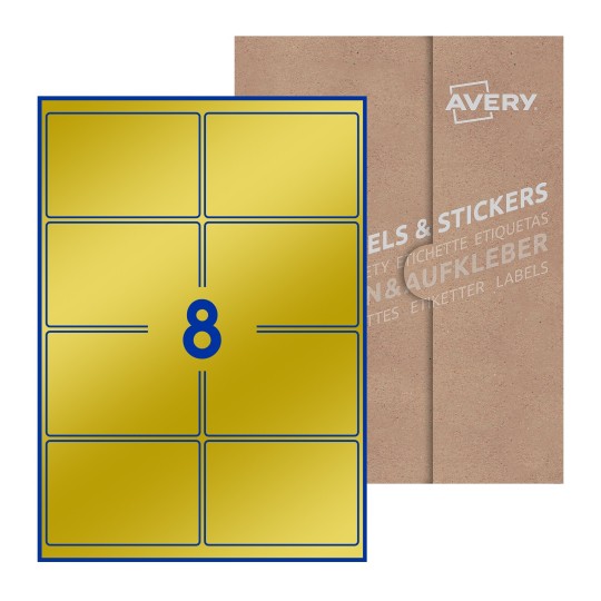 Hoja blanca con 8 etiquetas rectangulares 99x68mm con embalaje de papel - Etiquetas adhesivas rectangulares Avery 99 x 68mm