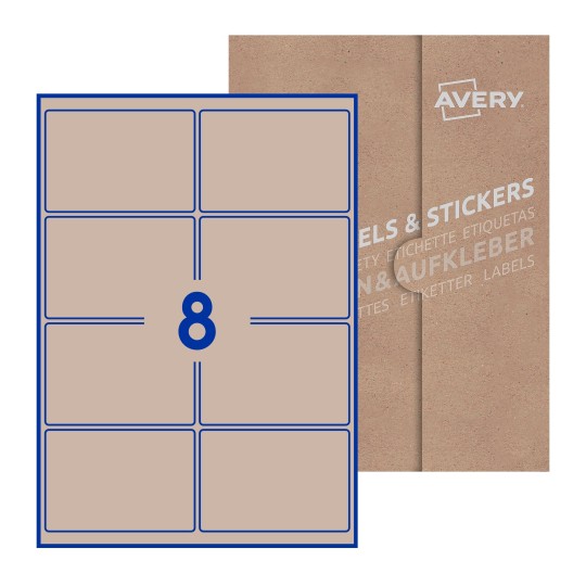 Hoja blanca con 8 etiquetas rectangulares 99x68mm con embalaje de papel - Etiquetas adhesivas rectangulares Avery 99 x 68mm