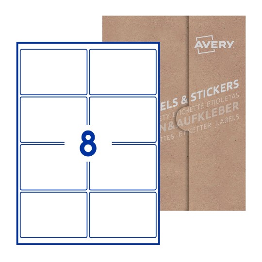 Hoja blanca con 8 etiquetas rectangulares 99x68mm con embalaje de papel - Etiquetas adhesivas rectangulares Avery 99 x 68mm