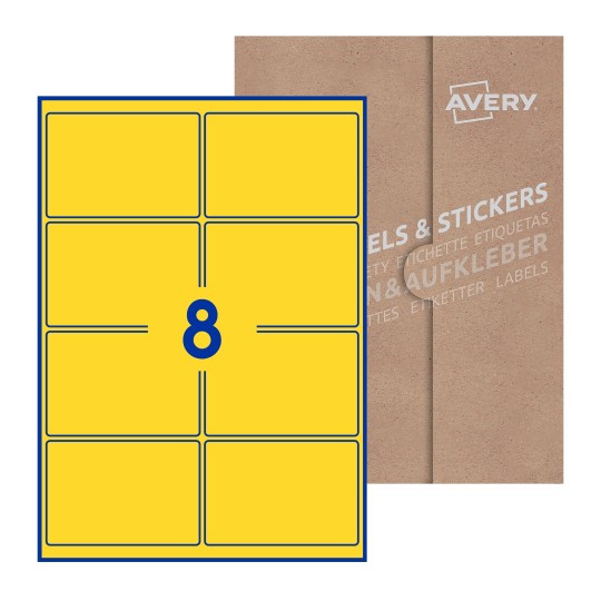 Hoja blanca con 8 etiquetas rectangulares 99x68mm con embalaje de papel - Etiquetas adhesivas rectangulares Avery 99 x 68mm