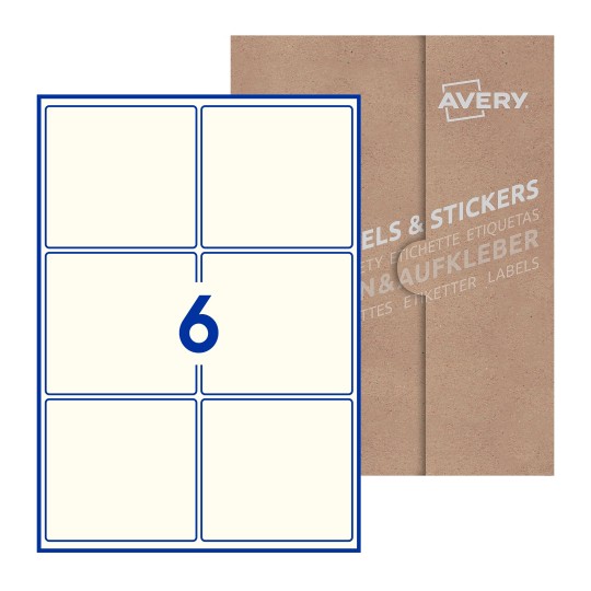Hoja blanca con 6 etiquetas rectangulares 99x93mm con embalaje de papel - Etiquetas adhesivas rectangulares Avery 99 x 93mm