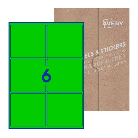 Hoja blanca con 6 etiquetas rectangulares 99x93mm con embalaje de papel - Etiquetas adhesivas rectangulares Avery 99 x 93mm