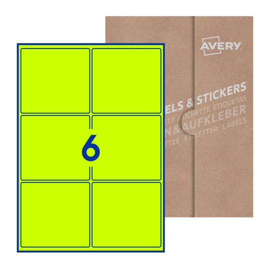 Hoja blanca con 6 etiquetas rectangulares 99x93mm con embalaje de papel - Etiquetas adhesivas rectangulares Avery 99 x 93mm
