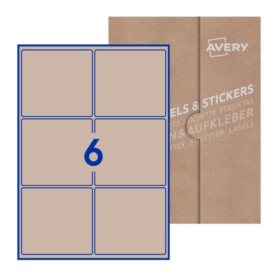Hoja blanca con 6 etiquetas rectangulares 99x93mm con embalaje de papel - Etiquetas adhesivas rectangulares Avery 99 x 93mm