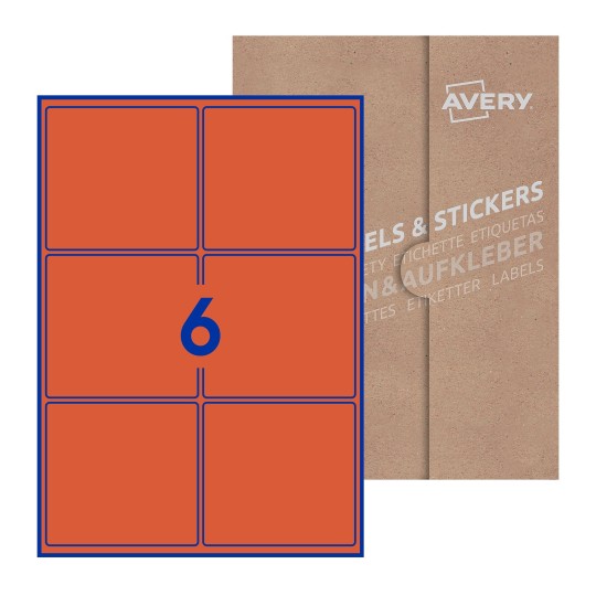 Hoja blanca con 6 etiquetas rectangulares 99x93mm con embalaje de papel - Etiquetas adhesivas rectangulares Avery 99 x 93mm