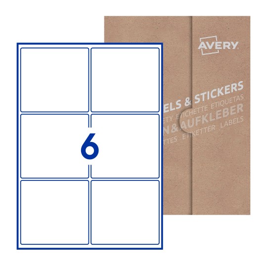 Hoja blanca con 6 etiquetas rectangulares 99x93mm con embalaje de papel - Etiquetas adhesivas rectangulares Avery 99 x 93mm
