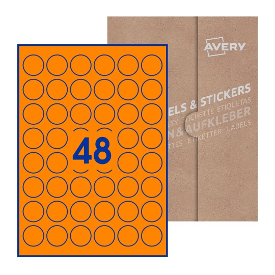 Hoja blanca con 48 etiquetas redondas de 30mm en embalaje de papel - Etiquetas adhesivas redondas Avery Ø 30mm redondas