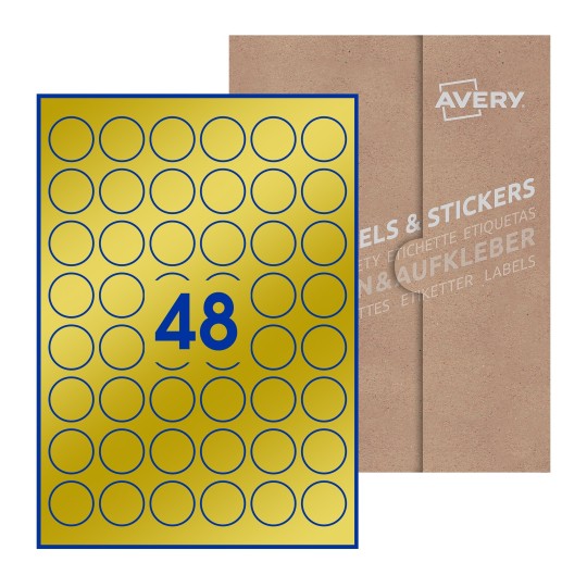 Hoja blanca con 48 etiquetas redondas de 30mm en embalaje de papel - Etiquetas adhesivas redondas Avery Ø 30mm redondas