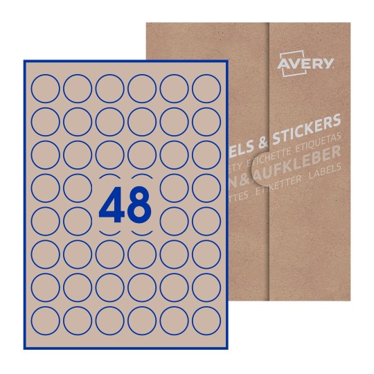 Hoja blanca con 48 etiquetas redondas de 30mm en embalaje de papel - Etiquetas adhesivas redondas Avery Ø 30mm redondas