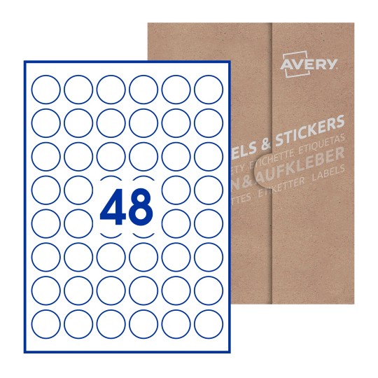 Hoja blanca con 48 etiquetas redondas de 30mm en embalaje de papel - Etiquetas adhesivas redondas Avery Ø 30mm redondas