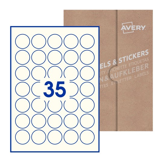 Hoja blanca con 35 etiquetas redondas de 35mm en embalaje de papel - Etiquetas adhesivas redondas Avery Ø 35mm redondas