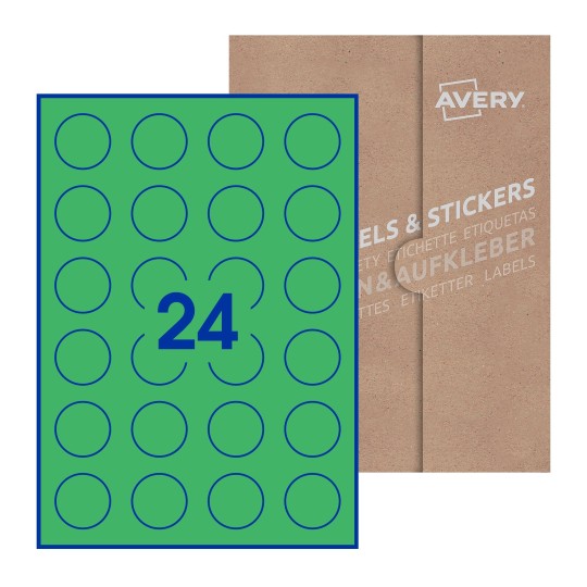 Hoja blanca con 24 etiquetas redondas de 37mm en embalaje de papel - Etiquetas adhesivas redondas Avery Ø 37mm redondas