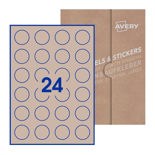 Hoja blanca con 24 etiquetas redondas de 37mm en embalaje de papel - Etiquetas adhesivas redondas Avery Ø 37mm redondas