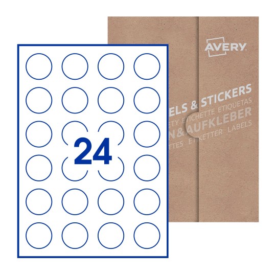 Hoja blanca con 24 etiquetas redondas de 37mm en embalaje de papel - Etiquetas adhesivas redondas Avery Ø 37mm redondas