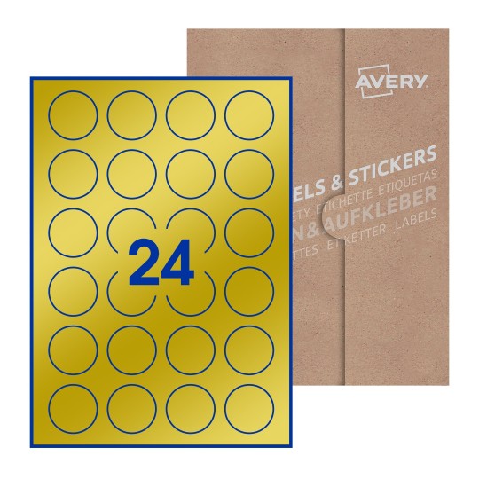 Hoja blanca con 24 etiquetas redondas de 40mm en embalaje de papel - Etiquetas adhesivas redondas Avery Ø 40mm redondas