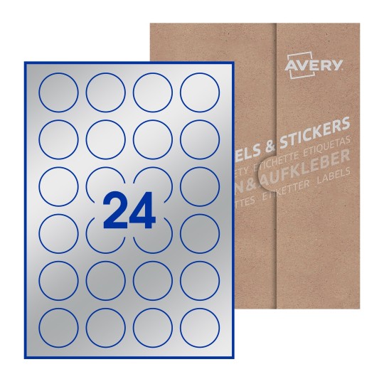 Hoja blanca con 24 etiquetas redondas de 40mm en embalaje de papel - Etiquetas adhesivas redondas Avery Ø 40mm redondas