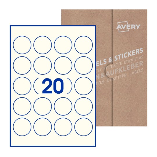Hoja blanca con 24 etiquetas redondas de 45mm en embalaje de papel - Etiquetas adhesivas redondas Avery Ø 45mm redondas