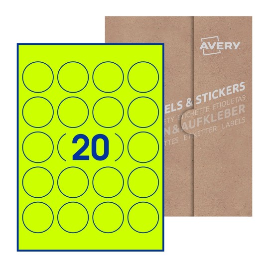 Hoja blanca con 24 etiquetas redondas de 45mm en embalaje de papel - Etiquetas adhesivas redondas Avery Ø 45mm redondas