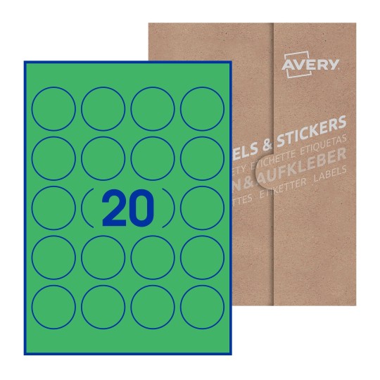 Hoja blanca con 24 etiquetas redondas de 45mm en embalaje de papel - Etiquetas adhesivas redondas Avery Ø 45mm redondas