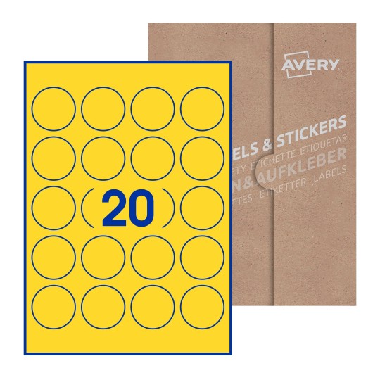 Hoja blanca con 24 etiquetas redondas de 45mm en embalaje de papel - Etiquetas adhesivas redondas Avery Ø 45mm redondas