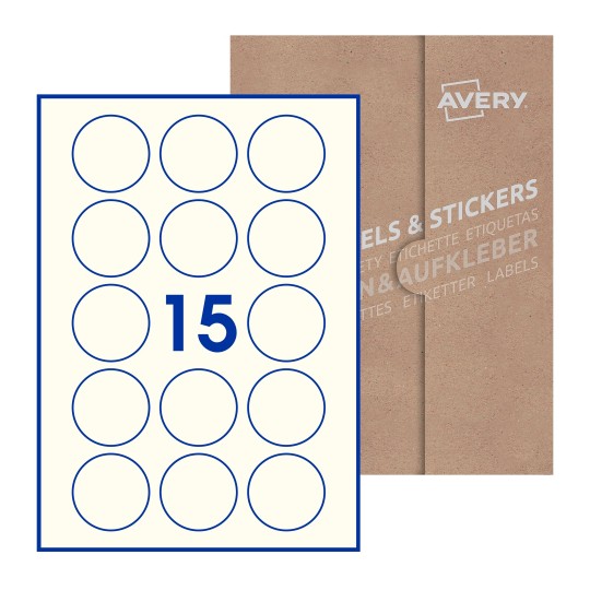 Hoja blanca con 15 etiquetas redondas de 51mm en embalaje de papel - Etiquetas adhesivas redondas Avery Ø 51mm redondas