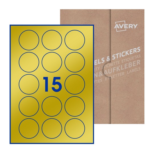 Hoja blanca con 15 etiquetas redondas de 51mm en embalaje de papel - Etiquetas adhesivas redondas Avery Ø 51mm redondas