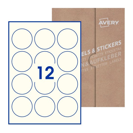 Hoja blanca con 12 etiquetas redondas de 60mm en embalaje de papel - Etiquetas adhesivas redondas Avery Ø 60mm redondas