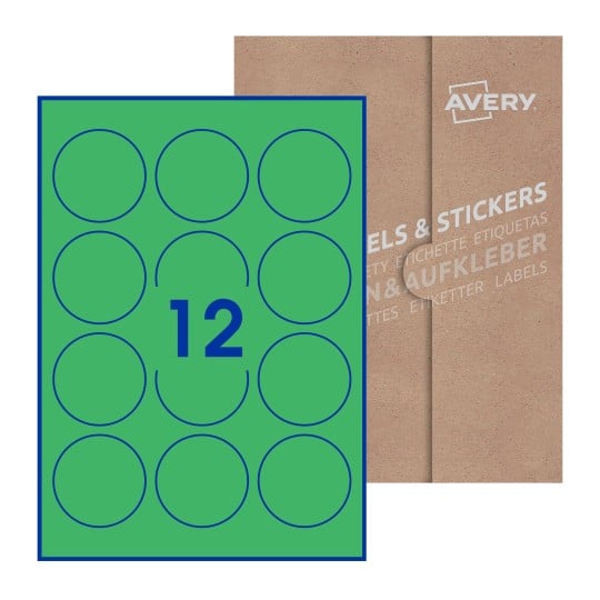 Hoja blanca con 12 etiquetas redondas de 60mm en embalaje de papel - Etiquetas adhesivas redondas Avery Ø 60mm redondas