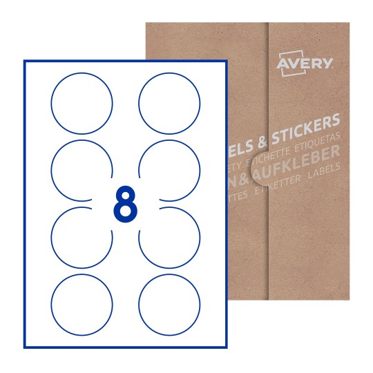Hoja blanca con 8 etiquetas redondas de 64mm en embalaje de papel - Etiquetas adhesivas redondas Avery Ø 64mm redondas