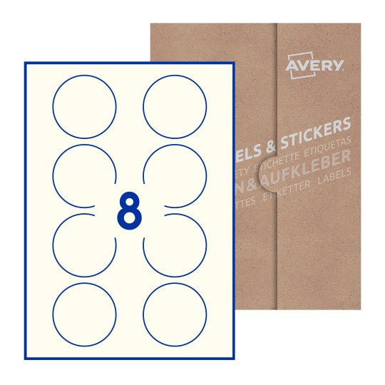 Hoja blanca con 8 etiquetas redondas de 64mm en embalaje de papel - Etiquetas adhesivas redondas Avery Ø 64mm redondas