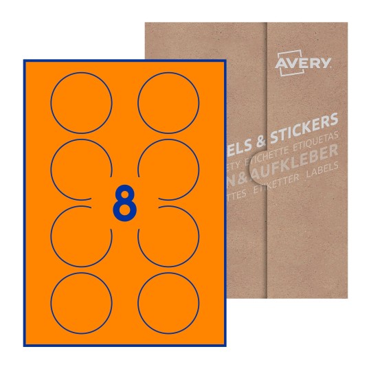 Hoja blanca con 8 etiquetas redondas de 64mm en embalaje de papel - Etiquetas adhesivas redondas Avery Ø 64mm redondas