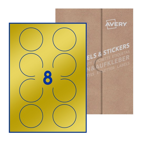 Hoja blanca con 8 etiquetas redondas de 64mm en embalaje de papel - Etiquetas adhesivas redondas Avery Ø 64mm redondas