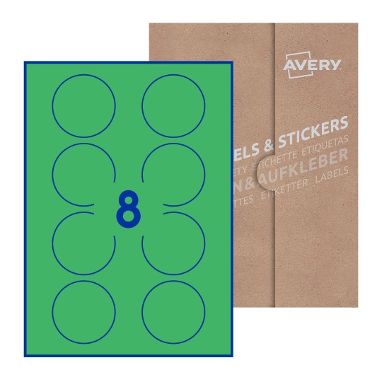 Hoja blanca con 8 etiquetas redondas de 64mm en embalaje de papel - Etiquetas adhesivas redondas Avery Ø 64mm redondas