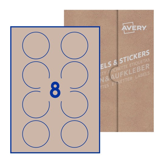 Hoja blanca con 8 etiquetas redondas de 64mm en embalaje de papel - Etiquetas adhesivas redondas Avery Ø 64mm redondas