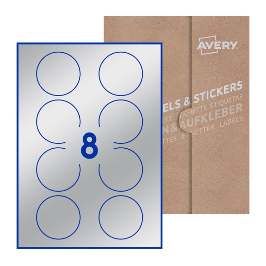 Hoja blanca con 8 etiquetas redondas de 64mm en embalaje de papel - Etiquetas adhesivas redondas Avery Ø 64mm redondas