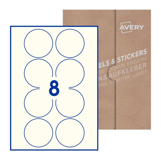 Hoja blanca con 8 etiquetas redondas de 69mm en embalaje de papel - Etiquetas adhesivas redondas Avery Ø 69mm redondas