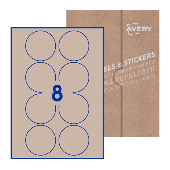 Hoja blanca con 8 etiquetas redondas de 69mm en embalaje de papel - Etiquetas adhesivas redondas Avery Ø 69mm redondas