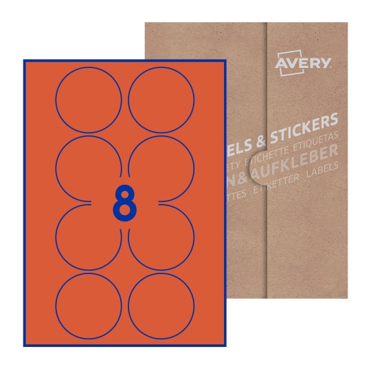 Hoja blanca con 8 etiquetas redondas de 69mm en embalaje de papel - Etiquetas adhesivas redondas Avery Ø 69mm redondas