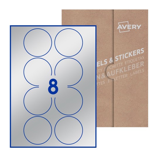 Hoja blanca con 8 etiquetas redondas de 69mm en embalaje de papel - Etiquetas adhesivas redondas Avery Ø 69mm redondas