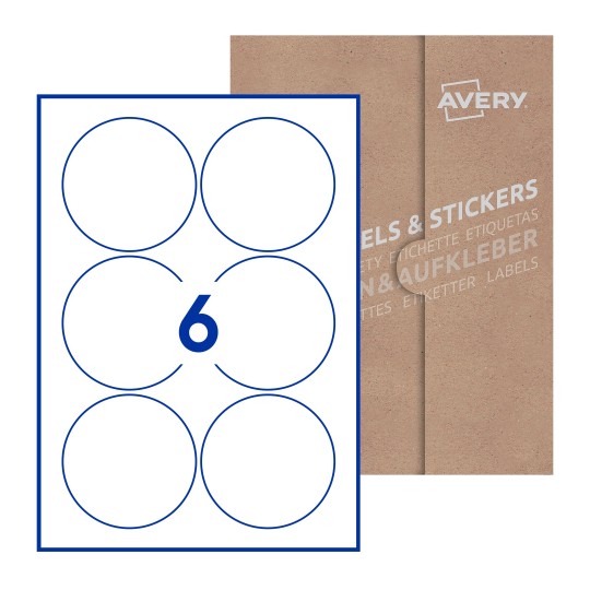Hoja blanca con 6 etiquetas redondas de 88mm en embalaje de papel - Etiquetas adhesivas redondas Avery Ø 88mm redondas