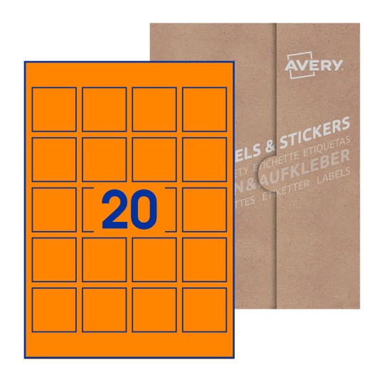 Hoja blanca con 20 etiquetas cuadradas de 45x45mm con embalaje de papel - Etiquetas adhesivas cuadradas Avery 45 x 45mm