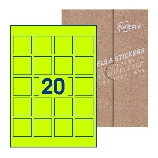 Hoja blanca con 20 etiquetas cuadradas de 45x45mm con embalaje de papel - Etiquetas adhesivas cuadradas Avery 45 x 45mm