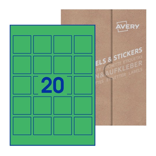 Hoja blanca con 20 etiquetas cuadradas de 45x45mm con embalaje de papel - Etiquetas adhesivas cuadradas Avery 45 x 45mm