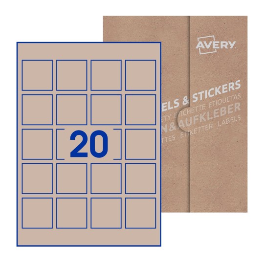 Hoja blanca con 20 etiquetas cuadradas de 45x45mm con embalaje de papel - Etiquetas adhesivas cuadradas Avery 45 x 45mm