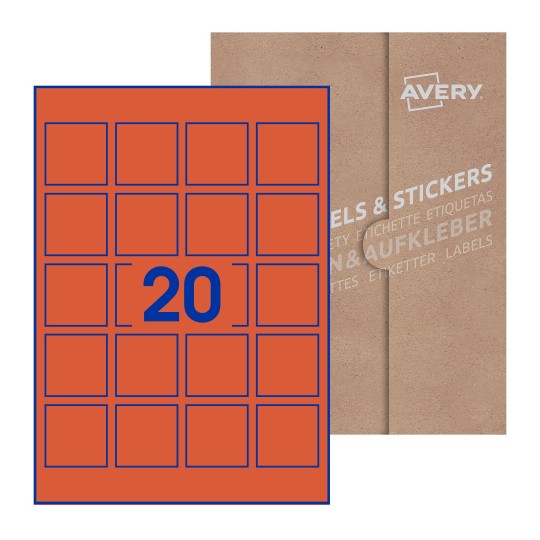 Hoja blanca con 20 etiquetas cuadradas de 45x45mm con embalaje de papel - Etiquetas adhesivas cuadradas Avery 45 x 45mm