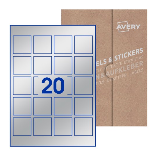 Hoja blanca con 20 etiquetas cuadradas de 45x45mm con embalaje de papel - Etiquetas adhesivas cuadradas Avery 45 x 45mm
