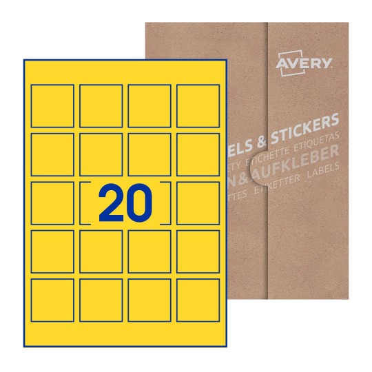 Hoja blanca con 20 etiquetas cuadradas de 45x45mm con embalaje de papel - Etiquetas adhesivas cuadradas Avery 45 x 45mm