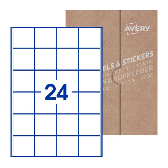 Hoja blanca con 15 etiquetas cuadradas de 50x50 mm con embalaje de papel - Etiquetas adhesivas cuadradas Avery 50 x 50mm
